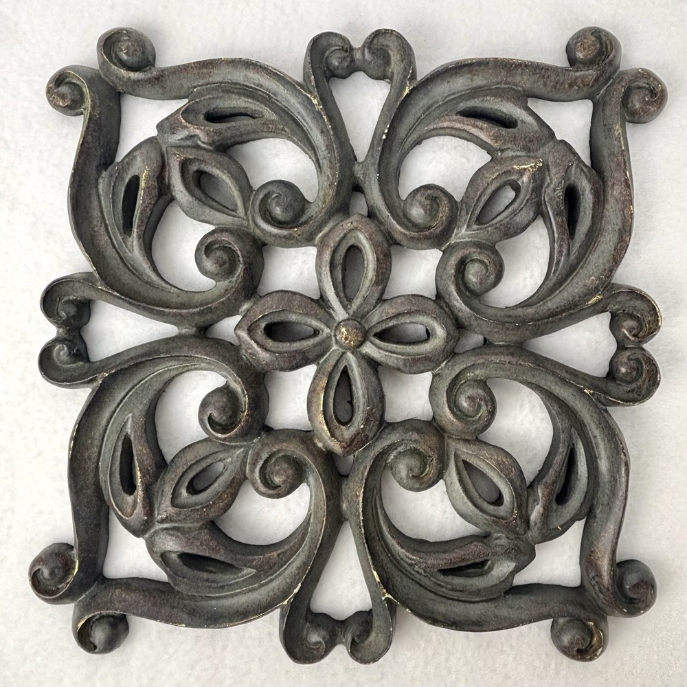 Square Wall Art Gray Aged Patina Tile Panel Medallion Scrollwork 10” x 10”